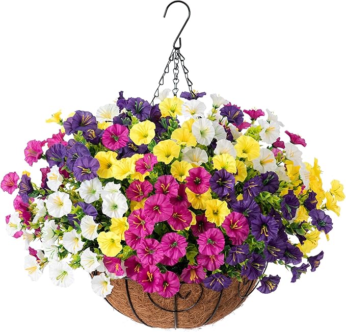 Artificial Faux Hanging Plants Flowers Basket for Spring Summer Outdoors Decoration, Fake Silk Colorful Morning Glory with Eucalyptus Look Real UV Resistant for Outside Porch Patio Balcony Garden Home