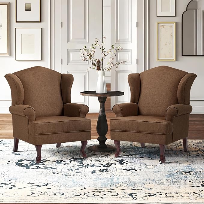 Accent Chair, High Back Upholstered Armchair with High Resilience Sponge & Wood Legs, Mid-Century Modern Comfy Single Sofa Reading Chairs for Living Room, Bedroom (Brown, Set of 2)