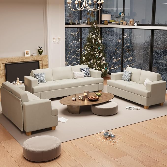 3 Pieces Corduroy Couch Set for Living Room, 3 Seater & Loveset*2 Cloud Sofa, Deep Seat Floor Couch for Bedroom, Futon Modern Sofa Bed, White Corduroy