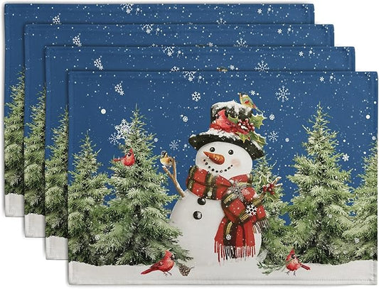 Blue Snowman Christmas Placemats Set of 4 Xmas Tree Cardinal Snowflakes Linen Table Mats Seasonal Winter Holiday Place Mats Washable Placemat for Party Kitchen Dining Outdoor Indoor Decor