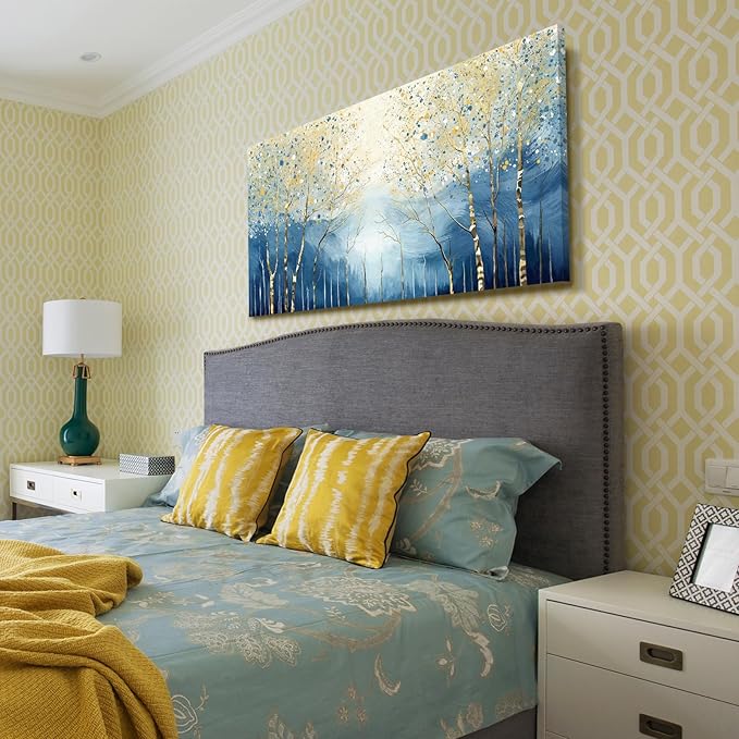 amatop Large Abstract Wall Art for Living Room Modern Tree of Life Canvas Art Print Nature-Inspired Navy Blue Wall Decor Landcape Artwork Birch Forest Picture Bedroom Office Dining Entryway 48x24 Inch