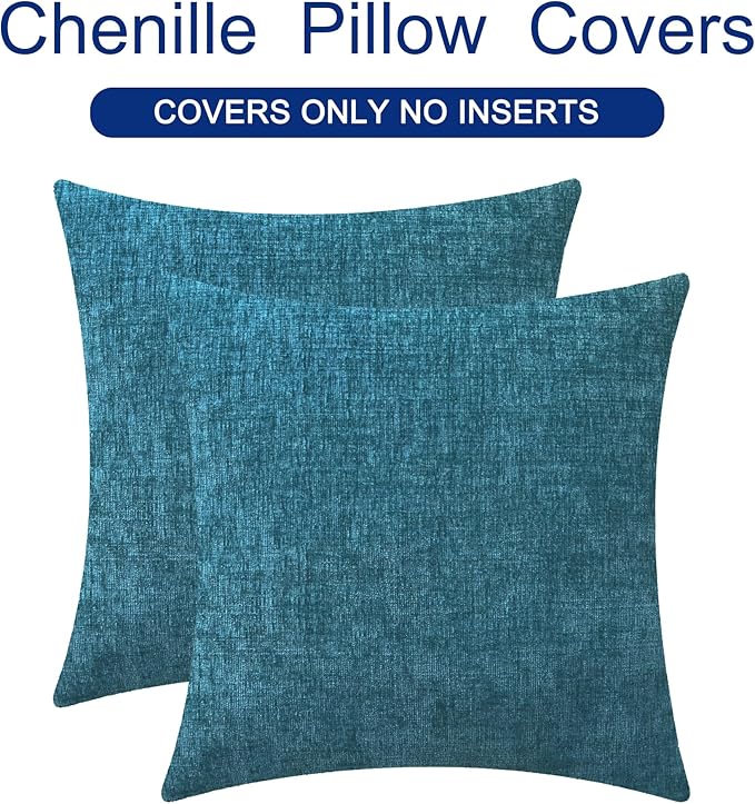 CaliTime Throw Pillow Covers Decorative 24 X 24 Inches Pack of 2 Cozy Chenille Cushion Cases for Couch Sofa Bed Living Room Home Ocean Blue
