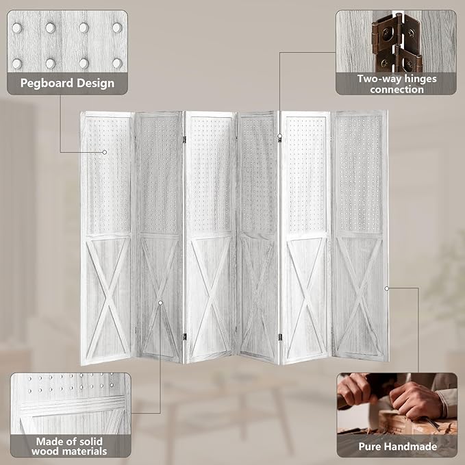 6 Panel Pegboard Room Divider, 5.6Ft Pegboard Display Folding Privacy Screens, Wood Room Divider Peg Board Display Freestanding for Trade Show Craft Show Home Wall Organizer, Retro White