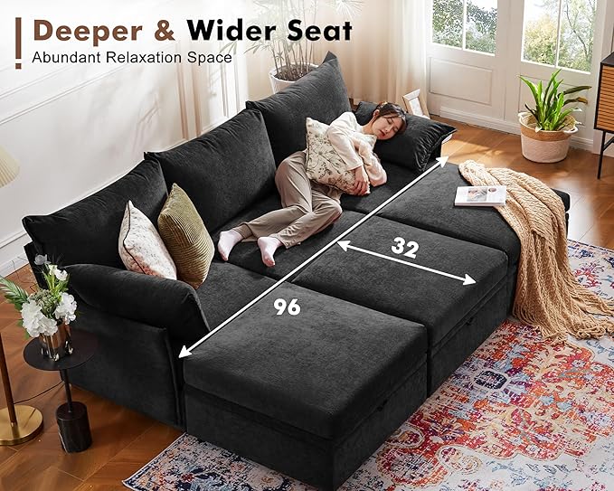 134.6" Modular Sectional Sofa, Oversized 4 Seater Couch with Removable Black Chenille Fabric Cover, Deep Seat & High Backrest for Living Room, Office & Apartment