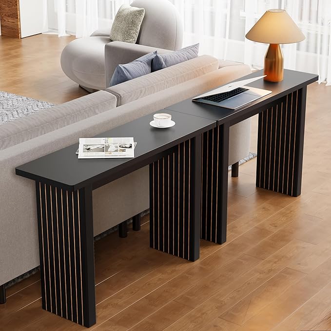 AVZEAR Mid Century Narrow Entryway Console Table, 43.3" Fluted Wood Couch Table Behind Sofa Long and Skinny for Living Room Hallway Entrance Foyer, Black