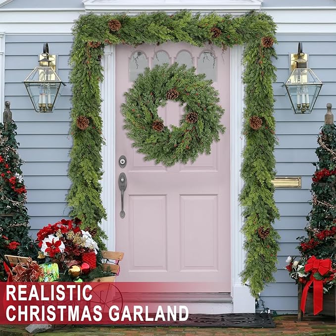 6 Ft Real Touch Christmas Garland Indoor with Pine Cone,Thick and Lush，Soft Bendable Mantle Garland Christmas, Lifelike Cedar Garland, Christmas Garland for Mantle,Indoor Christmas Decorations
