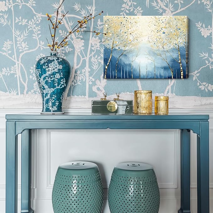 amatop Abstract Tree of Life Wall Art– Modern Blue Yellow Picture Forest Birch Mountain Canvas Print Minimalist Landscape Small Nature Artwork for Bathroom Bedroom Office Decor,16x12 Inch