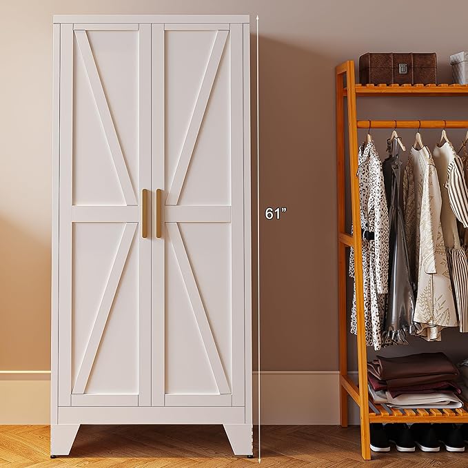 61" Tall Farmhouse Metal Pantry Cabinet, Kitchen Pantry Storage Cabinets with 2 Barn Door and Adjustable Shelves,Metal Pantry Storage Cabinet,for Kitchen,Laundry Room,Home Office,Kids Room (White)