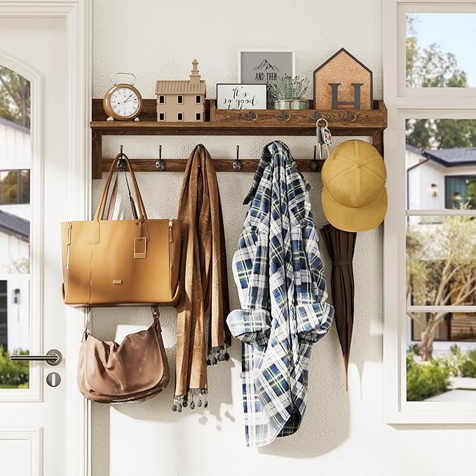 AMBIRD Coat Rack Wall Mount, 35 inch Large Wall Hooks with Shelf, Entryway Shelf with 7 Dual Coat Hooks 4 Key Hooks Mail Organizer, Wooden Coat Hanger and Key Holder Wall Mount