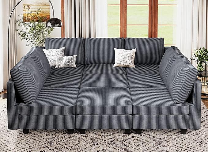 Belffin Corduroy Modular Sectional Sofa 9 Seat Convertible Sectional Sleeper Sofa Bed with Storage Ottomans Modular Sectional Couch Bed for Living Room Dark Grey