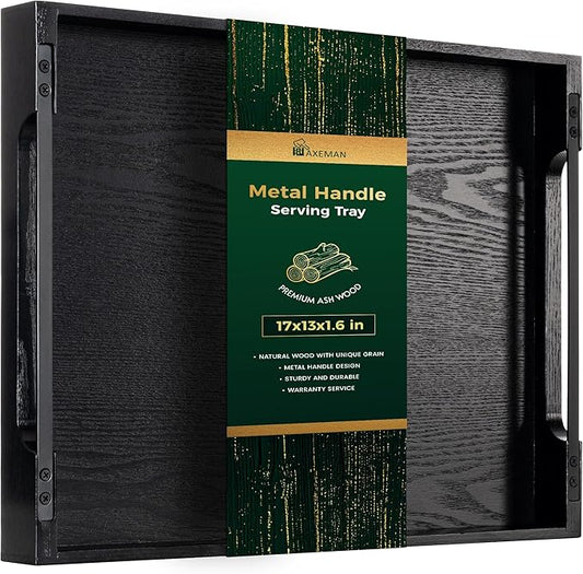 Axeman Wooden Serving Tray with Metal Handles|Ottoman Tray for Breakfast, Bed, Couch|17x13in Ash Wood Coffee Table Trays|Food Drinks Decorative Storage Boards for Ottoman Kitchen, Black