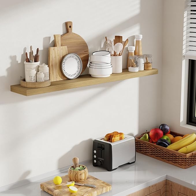 48 Inch Floating Shelves, 8 Inch Deep Floating Shelves for Wall, Hanging Shelf with Invisible Brackets, Deep Shelves for Bathroom, Bedroom, Living Room, Oak, Set of 1