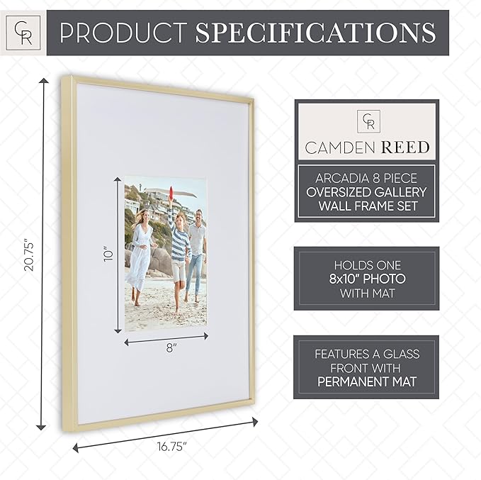 Camden Reed Arcadia 8 Piece Oversized Gallery Wall Frame, 16x20 and 16x16 Inch Matted Frames for Featuring 8x10 and 5x7 Inch Photographs or Art Prints, Gold Finish
