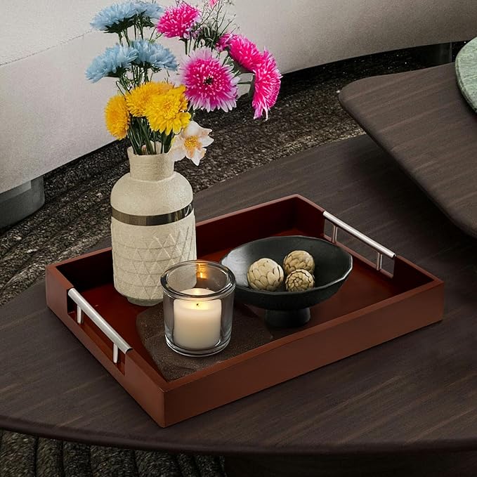 Acacia Wood Serving Tray with Handles - 17" x 13" Rectangular, Decorative Ottoman Tray for Living Room, Coffee Table, Breakfast in Bed, Candle Display