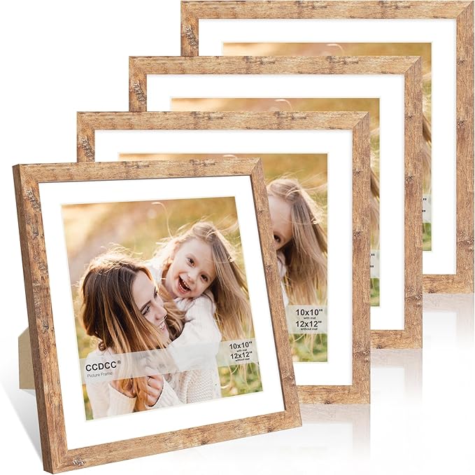 12x12 Picture Frame Set of 4, 12 x 12 Wood Photo Frames with Mat for 10x10 or 30x30cm Diamond Painting Art, Wooden Frame with Real Glass Cover for Wall and Tabletop Display,Brown