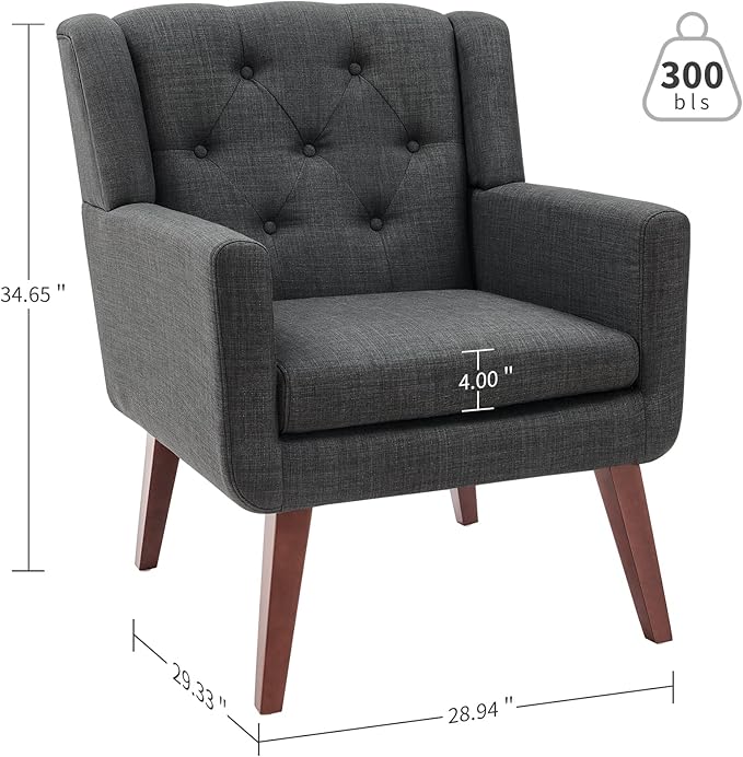 Accent Chair Button-Tufted Upholstered Living Room Chairs Comfy Reading Chair Mid Century Modern Chair with Linen Fabric Lounge Arm Chairs for Living Room Bedroom (Grey Set of 2)