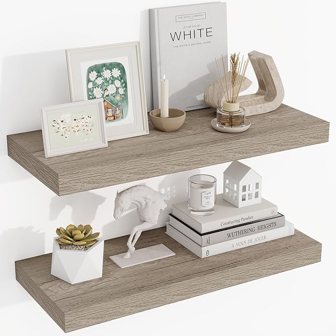 24 Inch Floating Shelves, 3D Textured Wood Grain, 24"x9.25"x1.5" Inch Deep Floating Shelves for Wall, Wooden Shelves for Bathroom, Bedroom, Living Room, Vintage Gray Oak