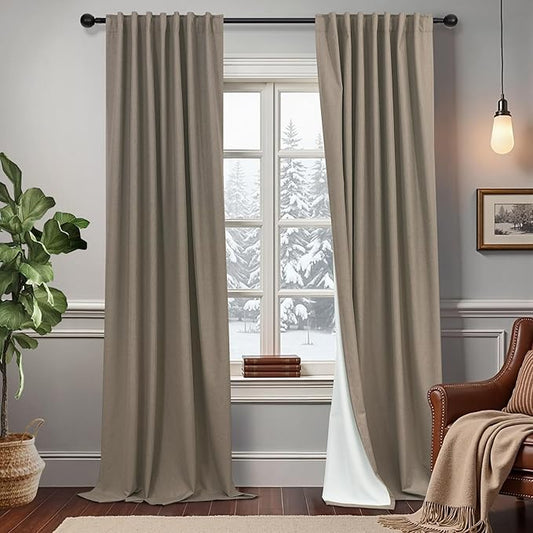 Brown Blackout Curtains 90 Inch Length Thick Linen Patio Drapes for Insulated Sliding Glass Doors Cute Curtains for Nursery Bedroom Aesthetic Modern Farmhouse Decor Back Tab 2 Panels Set 7.5 ft Long