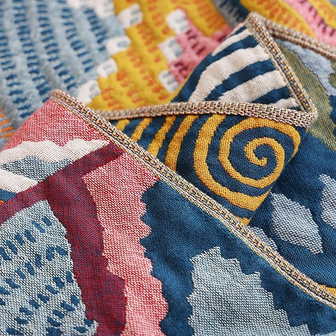 Boho 100% Cotton Muslin Blanket 4-Layer Gauze 80 x 90 Inches Summer Cooling Blanket Floral Decor Soft Cozy for Sofa Bed Coverlet Both Sides (Boho Stars, 80 x 90 in)