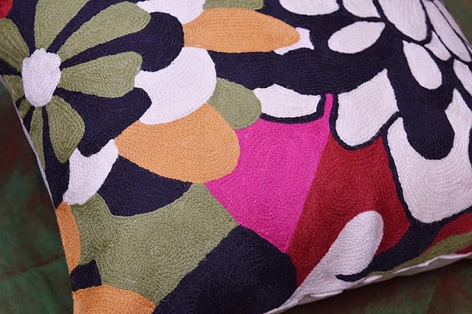 Black Daisy Floral Pillow Cover Flower Pillowcase Outdoor Suzani Accent Cushion Traditional Chair Cushions Hand Embroidered Wool Size - 18x18