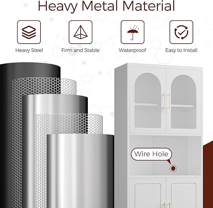 75" Tall Kitchen Pantry Cabinet, Metal Storage Cabinets with Acrylic Doors and Adjustable Shelves, Hutch Cabinet with Storage, White Microwave Stand Cabinets for Dining Living Room