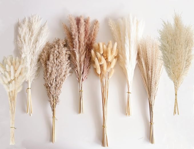 130 PCS Dried Pampas Grass Bouquet, Boho Table Decor, Bunny Tails Dried Flowers, Brown Pampas, Fluffy Pompas, White Pampas Grass for Weddings, Home Decor, Rustic Parties, and Baby Shower Decorations
