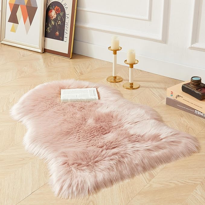 AMTOVO Faux Fur Rug, Pink Small Area Rug, Fluffy Sheepskin Rug, Fuzzy Ultra Soft 2 x 3 ft Shag Rugs for Bedroom Sofa Throw Cushion Room Decor, Sheepskin