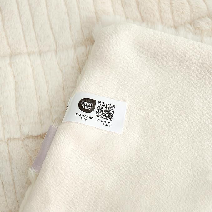 Amélie Home Luxury Striped Faux Fur Throw Blanket for Couch, Embossed Split Fur Cozy Fuzzy Fluffy Luxurious Soft Plush Sofa Chair Bed Gift Blankets for Women Men Wife Friend, 88"x90", Ivory