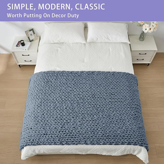 Bigacogo Chunky Knit Throw Blanket for Couch, 40x80 inches, 100% Hand Knitted with Thick Jumbo Chenille Yarn, Cozy Soft Large Rope Knot Cable Crochet Blankets for Sofa Bed Living Room, Cold Sea Blue