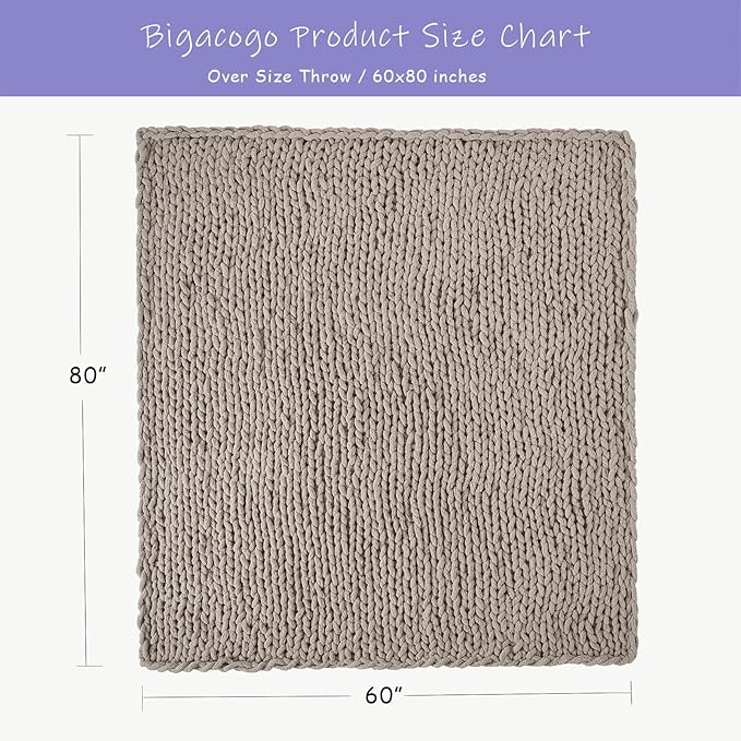 Bigacogo Chunky Knit Throw Blanket for Couch, 60x80 inches, 100% Hand Knitted with Thick Jumbo Chenille Yarn, Cozy Soft Large Rope Knot Cable Crochet Blankets for Sofa Bed Living Room, Taupe