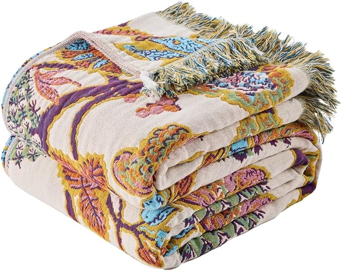 Boho Throw Blanket for Bed, Lightweight Reversible Summer Quilt, Cotton Blanket, Queen Size Boho Floral Bird Colorful Retro Quilt Ultra Soft Reversible Gauze Blanket for All Season, 80"x90"
