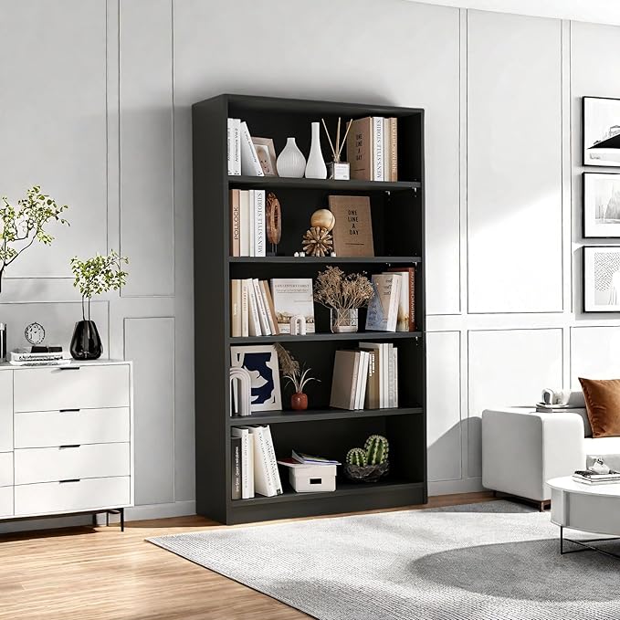 Bookshelf, Open Modern Bookshelf, 5 Shelf Bookcase with Freestanding Display Storage, Wooden Book Shelf for Bedroom, Living Room, Dinning Room, Office, 60 Inch, Black