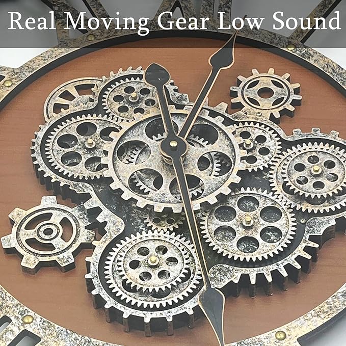 30 Inch Moving Gear Wall Clock, Oversized Wall Clocks, Clock Living Room Decor, Solid Wood Frame, Battery Operated, Large Wall Clock with Steampunk Industrial for Fireplace(Machilus)