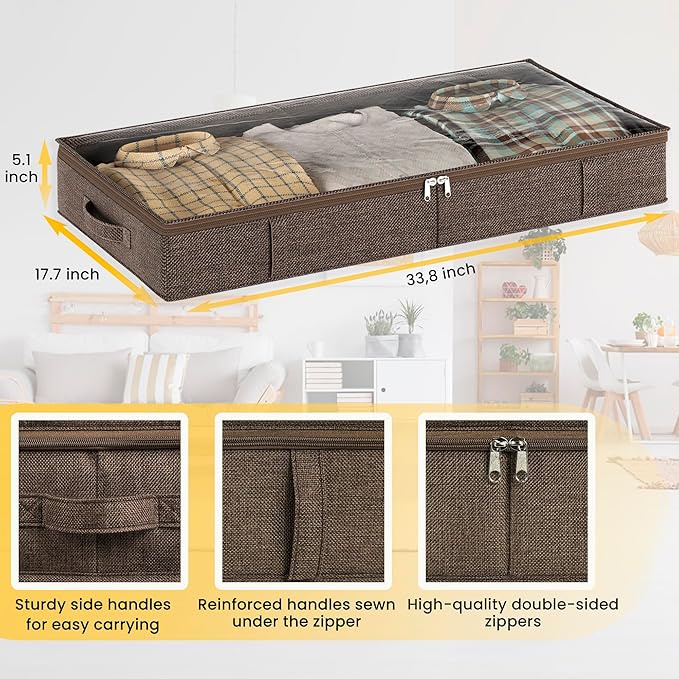 Brown Low Profile Under Bed Storage Containers 5 inches high, 33.8"x 17.7"x 5.1", Sturdy Underbed Shoe Storage Organizer, Foldable Fabric Under the Bed Storage Bins - Pack of 2
