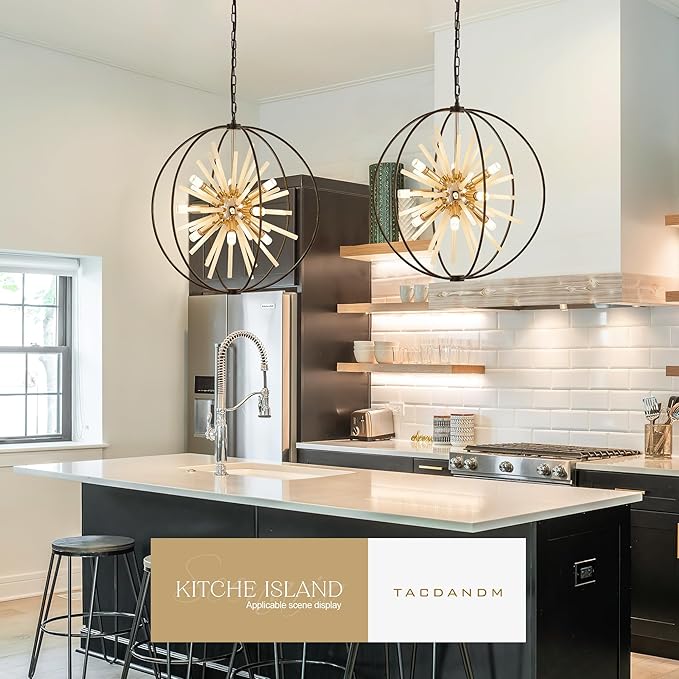 23.6" Black Gold 12-Light Globe Sputnik Chandelier Modern Adjustable Hanging Ceiling Glass Tube Pendant Light Fixture for Entryway Foyer Staircase Dining Living Room Hallway