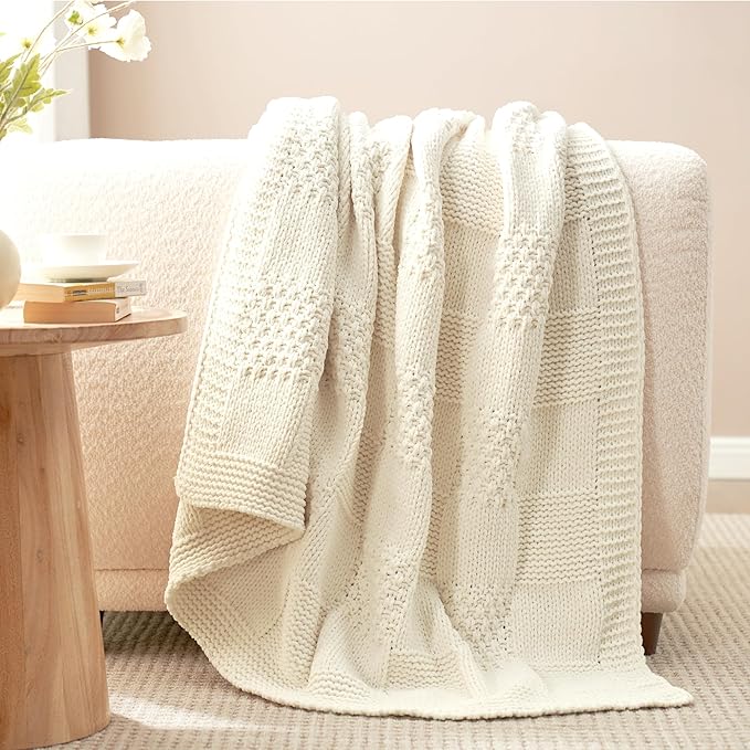 Amélie Home Chenille Knit Throw Blanket for Couch, Checkered Texture Decorative Soft Blanket for Sofa, Bed & Living Room, 50"x60", Ivory