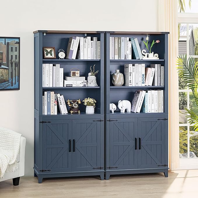 70in Tall Bookshelf 5 Tier Bookcase with Barn Doors and Adjustable Shelves, Blue Farmhouse Book Shelf with Storage Cabinet, Wood Freestanding Display Bookshelves for Bedroom, Living Room