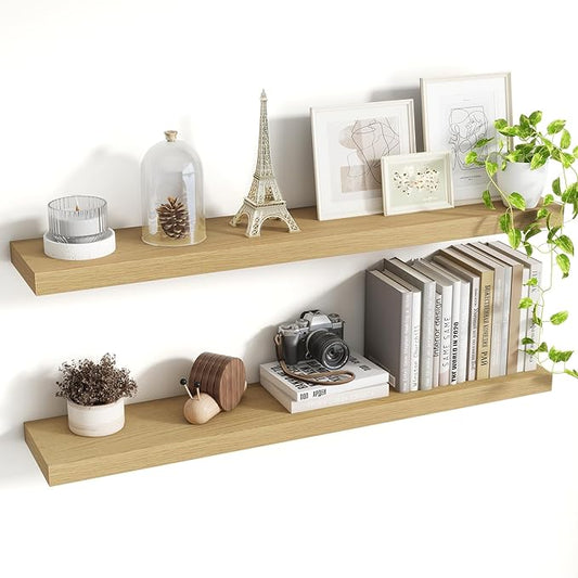 40 Inch Floating Shelves, 8 Inch Deep Floating Shelves for Wall, Hanging Shelf with Invisible Brackets, Deep Shelves for Bathroom, Bedroom, Living Room, Oak, Set of 2