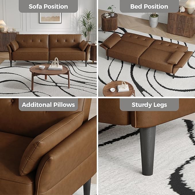 89” Futon Sofa Bed, Faux Leather Futon Couch Bed with 2 Square Pillows, Convertible Sleeper Sofa with Adjustable Backrest& Armrests, Modern Loveseat Sleeper for Living Room, Bedroom, Brown