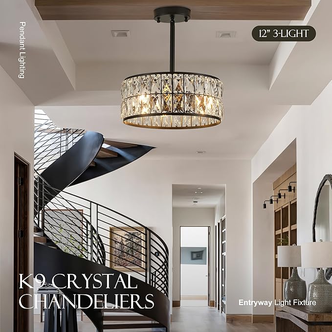 12” 3-Light Modern Crystal Chandeliers Black Dinning Room Light Fixture with Two Poles, Round Pendant Light Kitchen Island Chandelier, Flush Mount Ceiling Light for Living Room Entryway