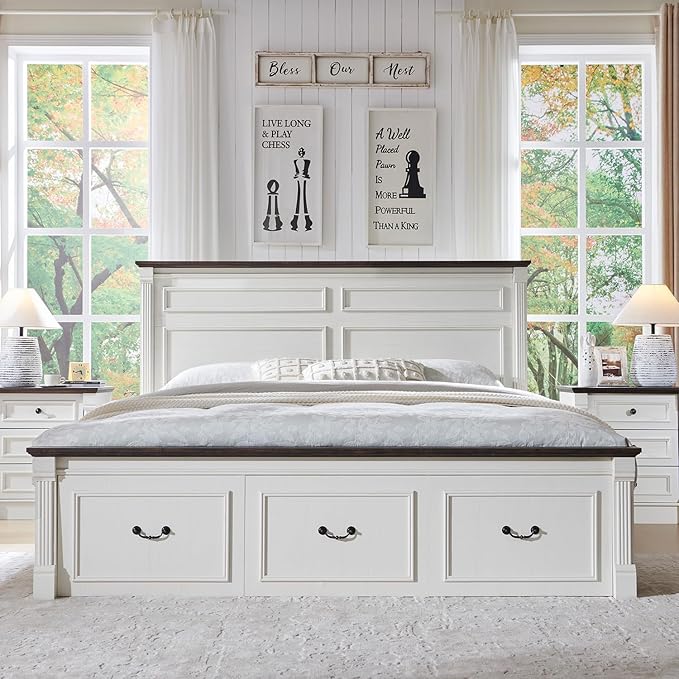 26" Tall Farmhouse Nightstand, 3 Drawers End Table w/Charging Station, 23.6" Wide Large Side Table w/Roman Column, Wood Rustic Sofa Table for Bedroom, White