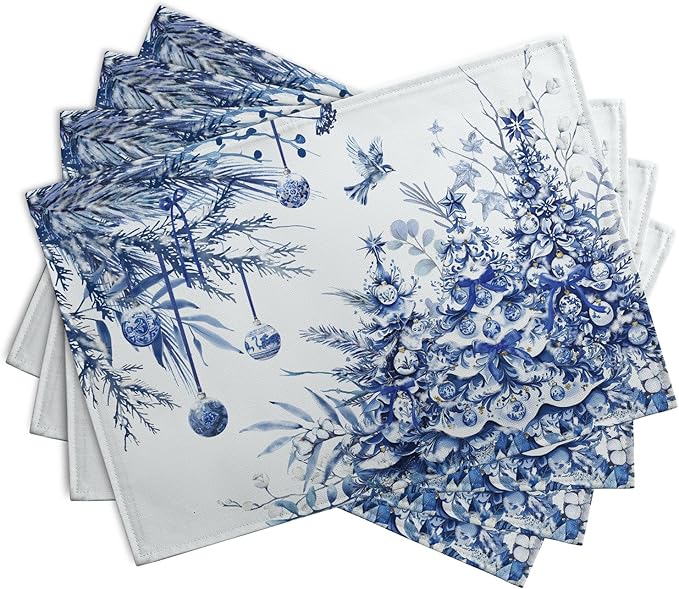 Blue and White Christmas Tree Placemats Set of 4, 12x18 Inch Chinoiserie Xmas Place Mats Winter Holiday Washable Linen Table Mats for Party Kitchen Dining Outdoor Indoor Decor