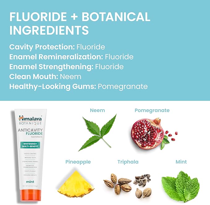 Himalaya Botanique Anticavity Fluoride Toothpaste, Fluoride with Multi-Benefit Support, Fights Cavities, Strengthens Enamel, Promotes Remineralization, Mint Flavor, 4 oz.