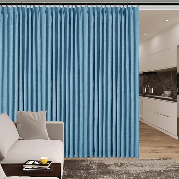 120" Wx102 L Linen Room Divider Drapes for Doorway/Glass Window/Sliding Door/Patio, Extra Wide Pinch Pleated Full Blackout Curtains for Girls Boys Teen Kids Room, 1 Panel, Blue