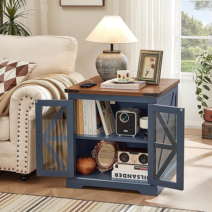 24" End Table with Charging Station, Farmhouse Night Stand with Glass Barn Door, White Nightstands with Adjustable Storage Shelf, Large Wood Square Bed Side Table for Living Room,Bedroom