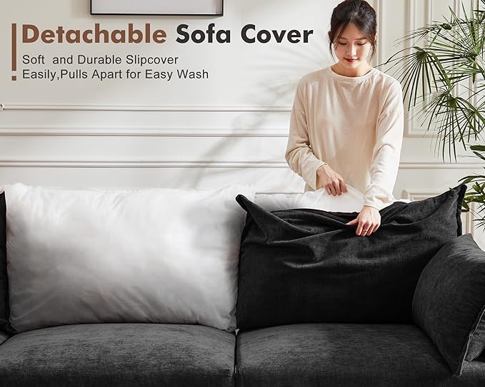 134.6" Modular Sectional Sofa, Oversized 4 Seater Couch with Removable Black Chenille Fabric Cover, Deep Seat & High Backrest for Living Room, Office & Apartment