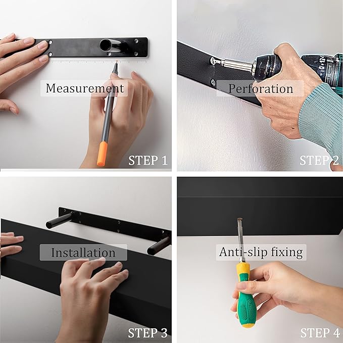 BAMEOS Floating Shelves, Black Wall Mounted Wooden Shelves with Invisible Brackets Set of 2,47 x 9