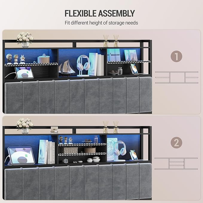 Headboard with 3-Tier Storage Shelves, Velvet Upholstered Head Board with 2 Outlets, USB Ports & LED Light, Soft Backrest for King Size Bed, Black BH19404B