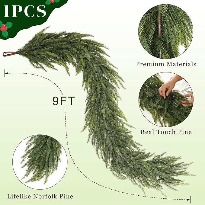 9FT Christmas Norfolk Pine Garland -1PCS, Artificial Pine Needles Garlands Faux Greenery Fake Garland for Holiday Fireplace,Table,Window,Stairs,Mante,Indoor Outdoor Decor