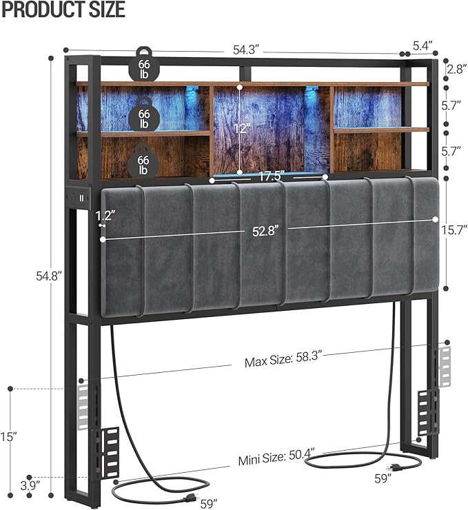 Headboard with 3-Tier Storage Shelves, Velvet Upholstered Head Board with 2 Outlets, USB Ports & LED Light, Soft Backrest for Full Size Bed, Rustic Brown and Black BH13801B